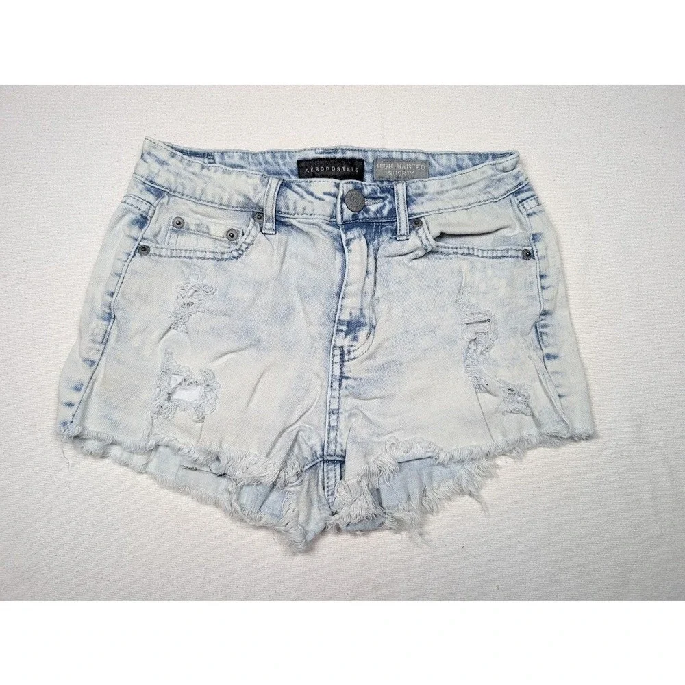 Aeropostale‎ High Waisted Shorty Shorts Size 2 Distressed Denim Acid Wash Booty
